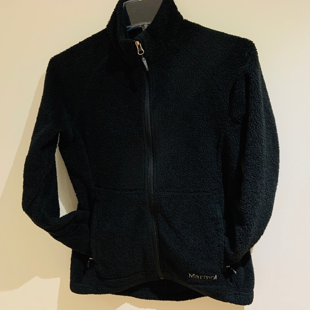 Marmot black fuzzy full-zip fleece sweater
